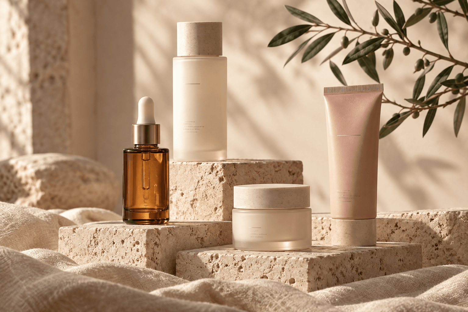 Amber serum and cream skincare essentials on sunlit travertine with delicate botanicals